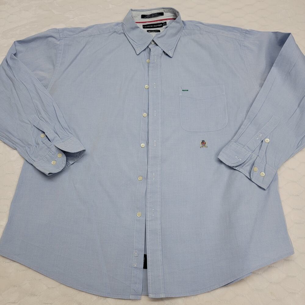 Tommy Hilfiger Mens XXL Light Blue Crest Logo Button Down Shirt Long Sleeve